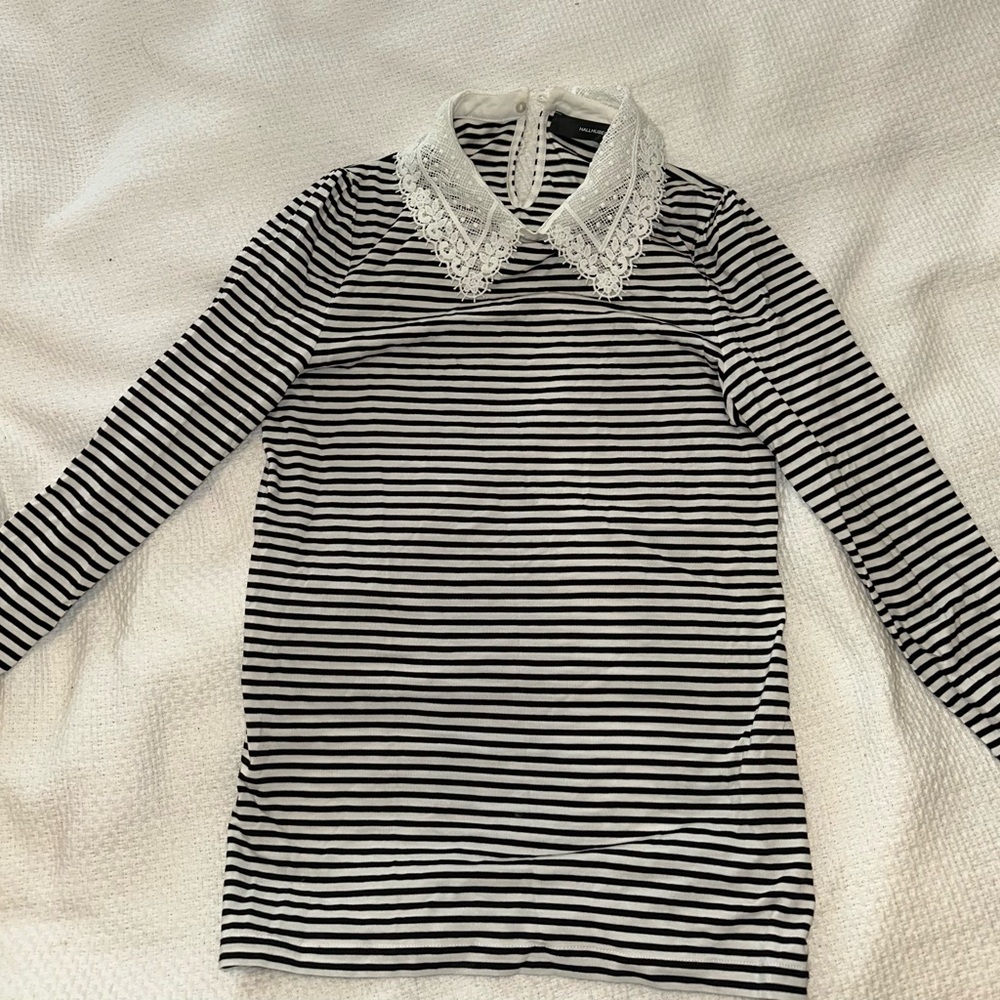 Black and White European Striped Top with Lace Collar